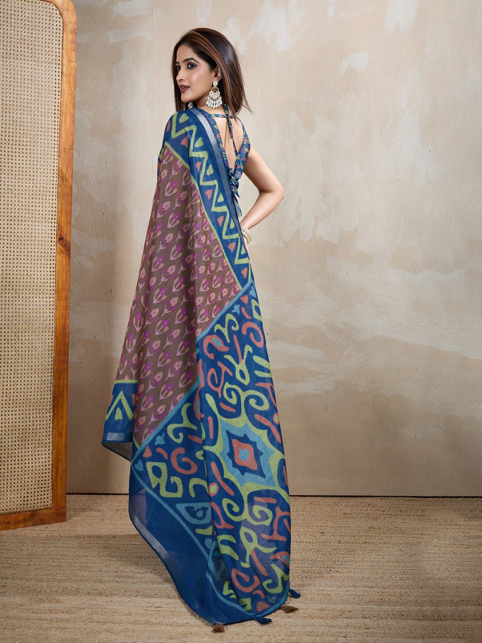 Brown & Blue Ikat Printed Chanderi Saree
