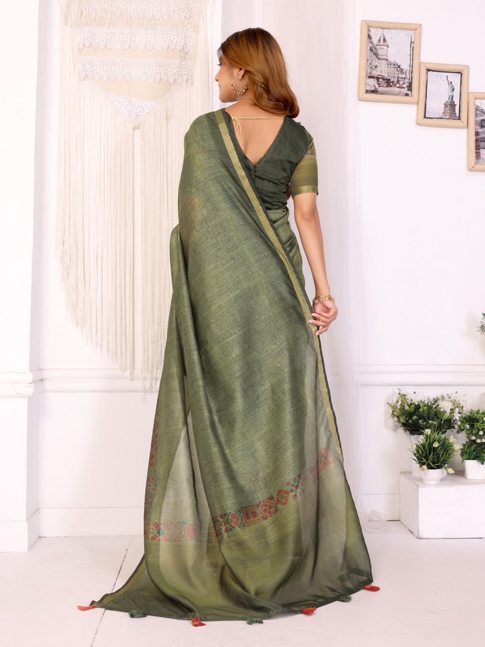 Olive Green Chanderi Saree with Traditional Geometric Border