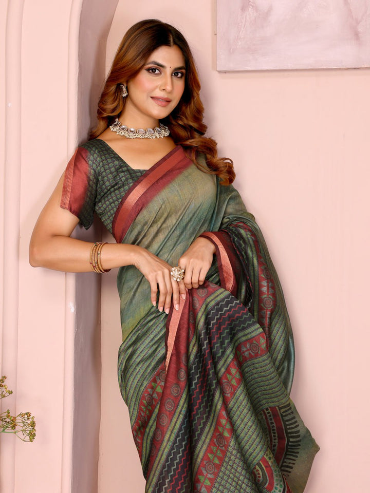 Green & Maroon Black Chanderi Saree