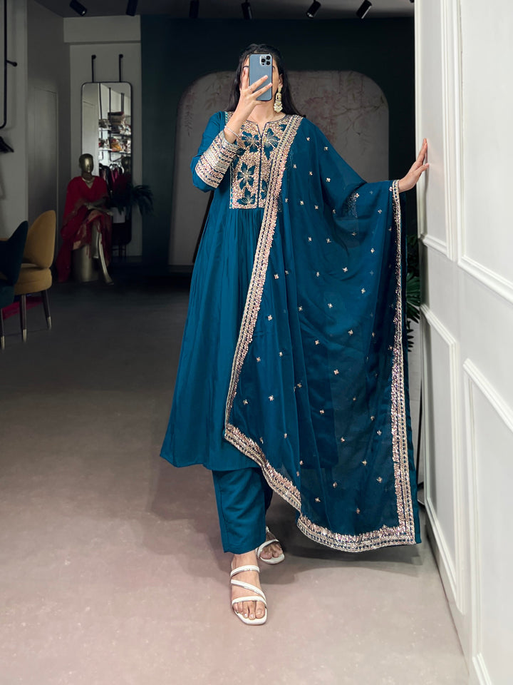 Roman Silk Embroidered Kurta Set with Organza Dupatta | 3-Piece Ethnic Dress (Stitched)