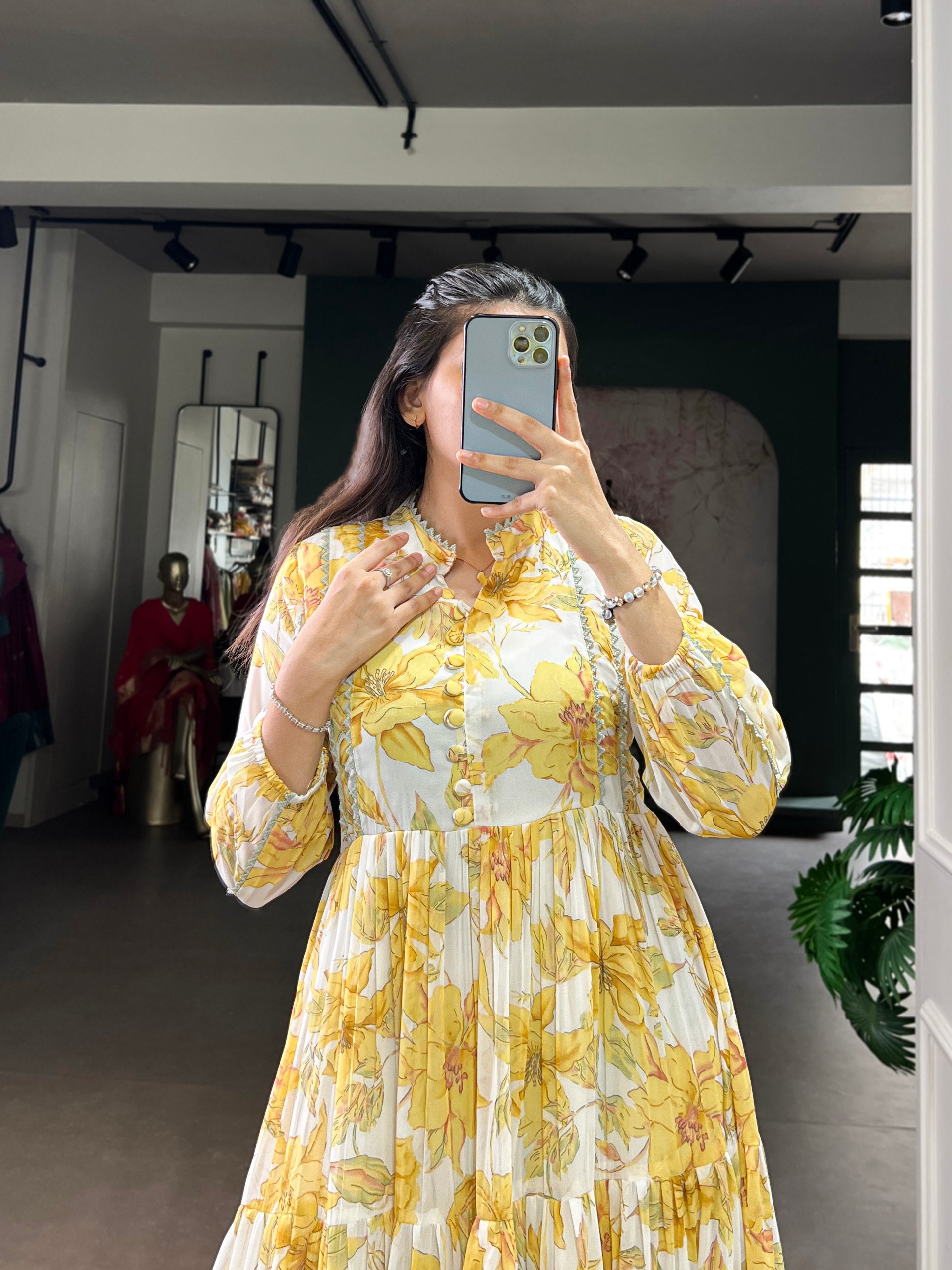 Floral Foil Printed Weightless Marble Frock with Lace Border | Ethnic Wear (Stitched)