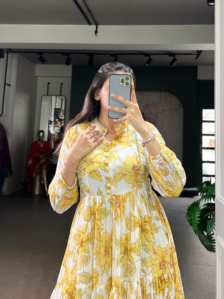 Floral Foil Printed Weightless Marble Frock with Lace Border | Ethnic Wear (Stitched)