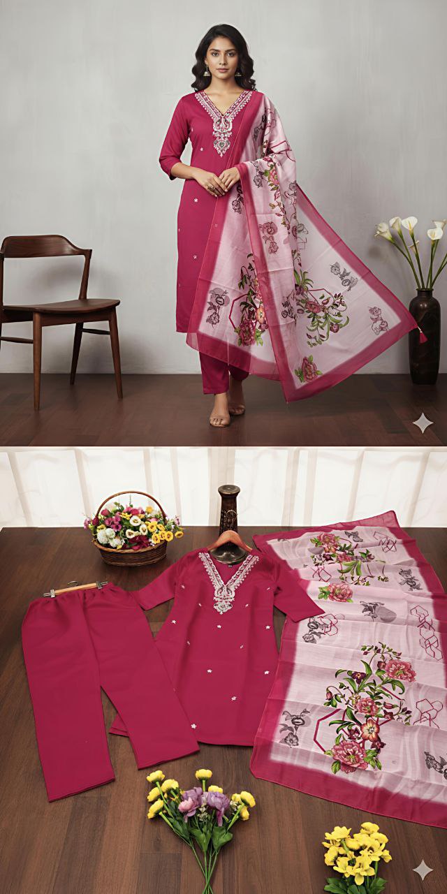 Roman Silk Embroidered Kurti Pant Set with Digital Printed Dupatta | Ethnic Wear
