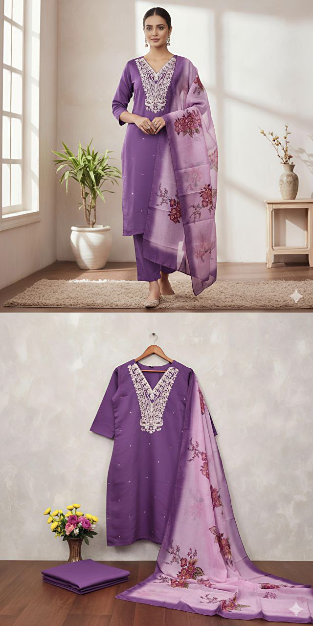 Designer Roman Silk Kurti Pant Dupatta Set with Embroidery Work