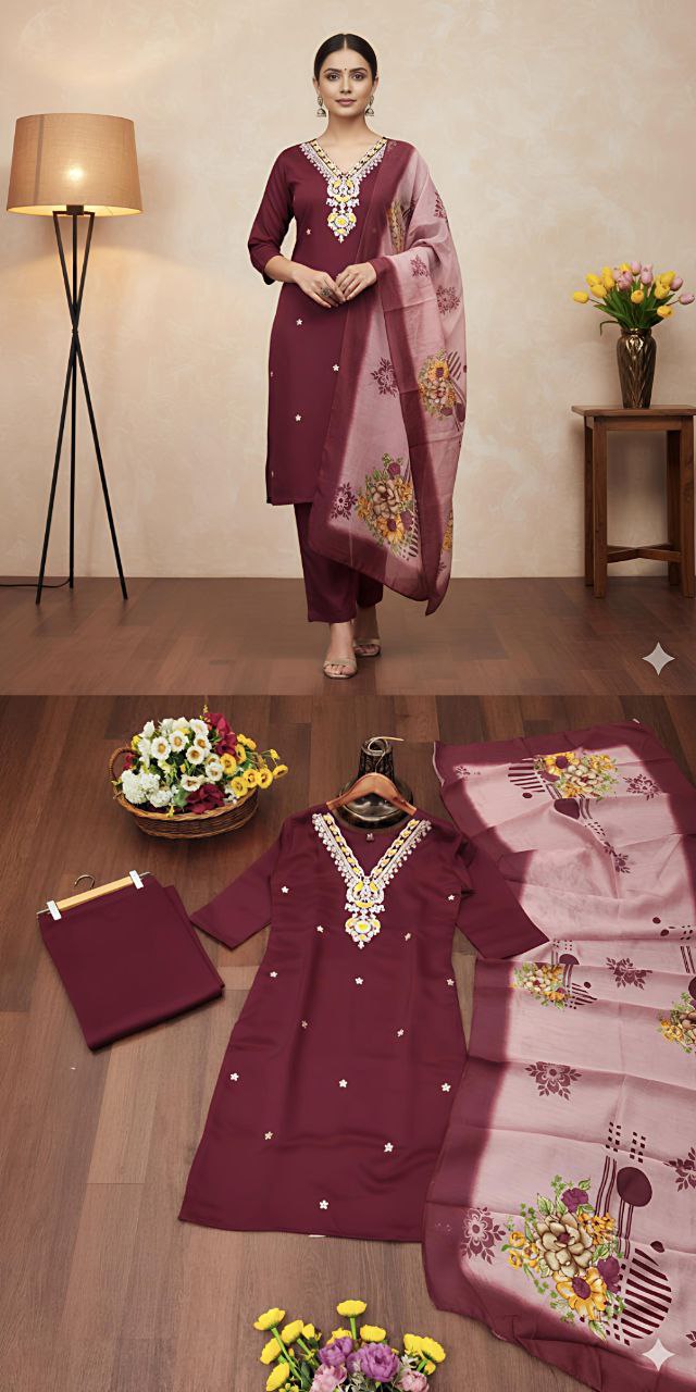 Women’s Roman Silk Embroidered Kurti with Pant & Printed Dupatta