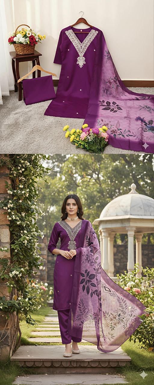 Elegant Roman Silk Embroidery Kurti Pant Set with Digital Print Dupatta