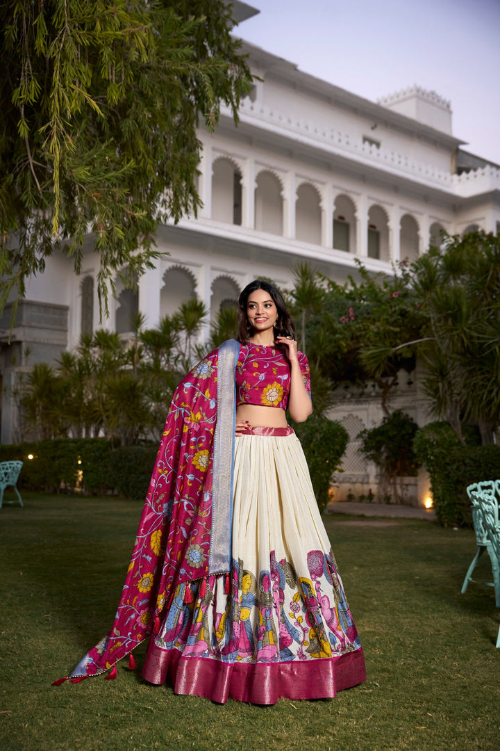 Tussar Silk Floral Foil Print Lehenga Choli Set with Jacquard Border & Dupatta
