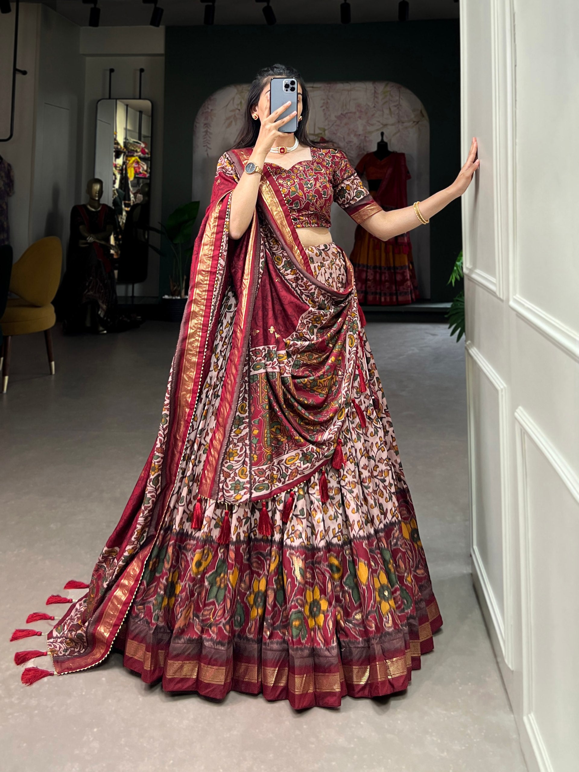 Festive Tussar Silk Lehenga Choli with Floral Foil Print & Jacquard Border