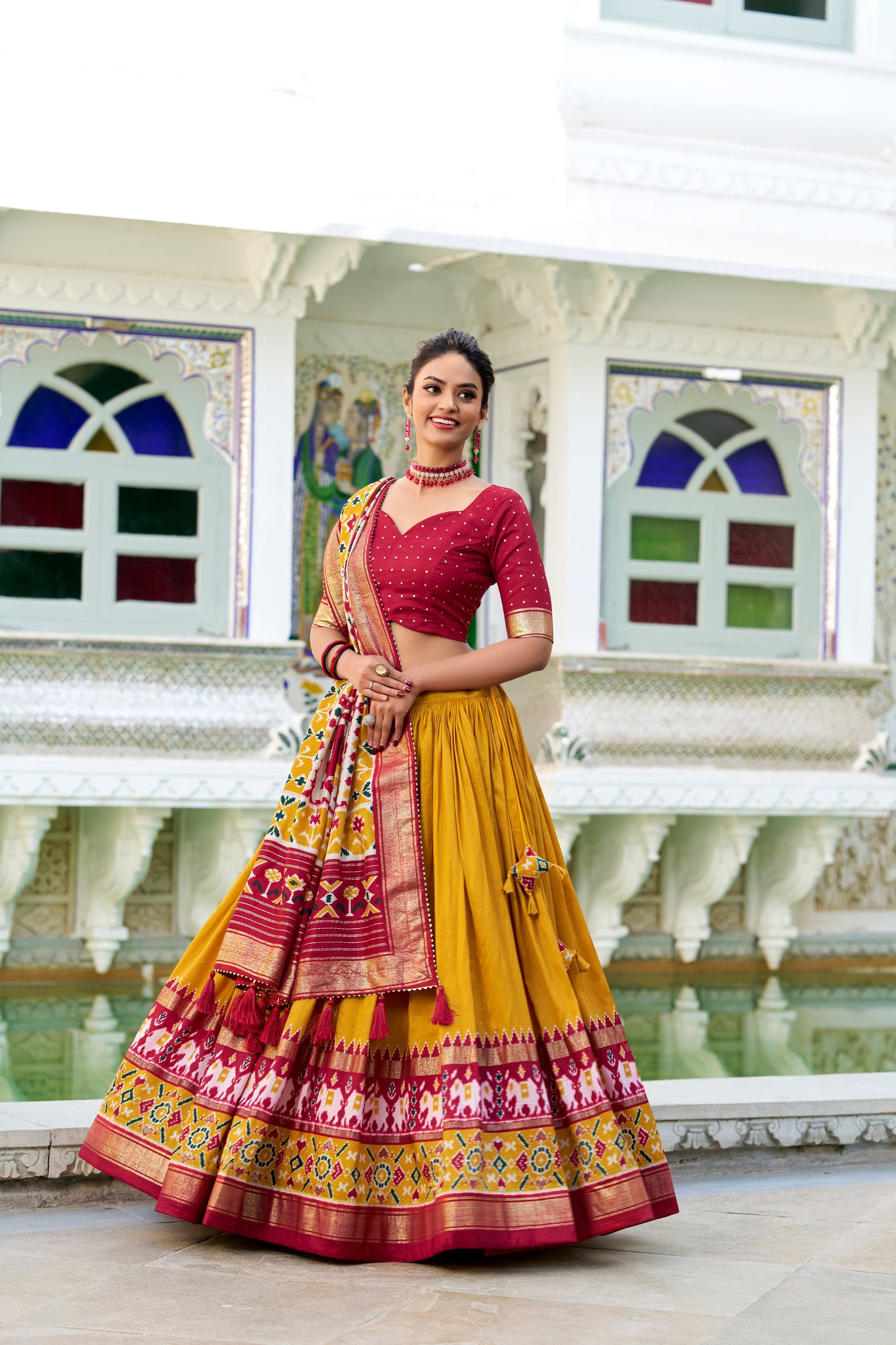 Tussar Silk Lehenga Choli Set with Floral Foil Work & Dupatta