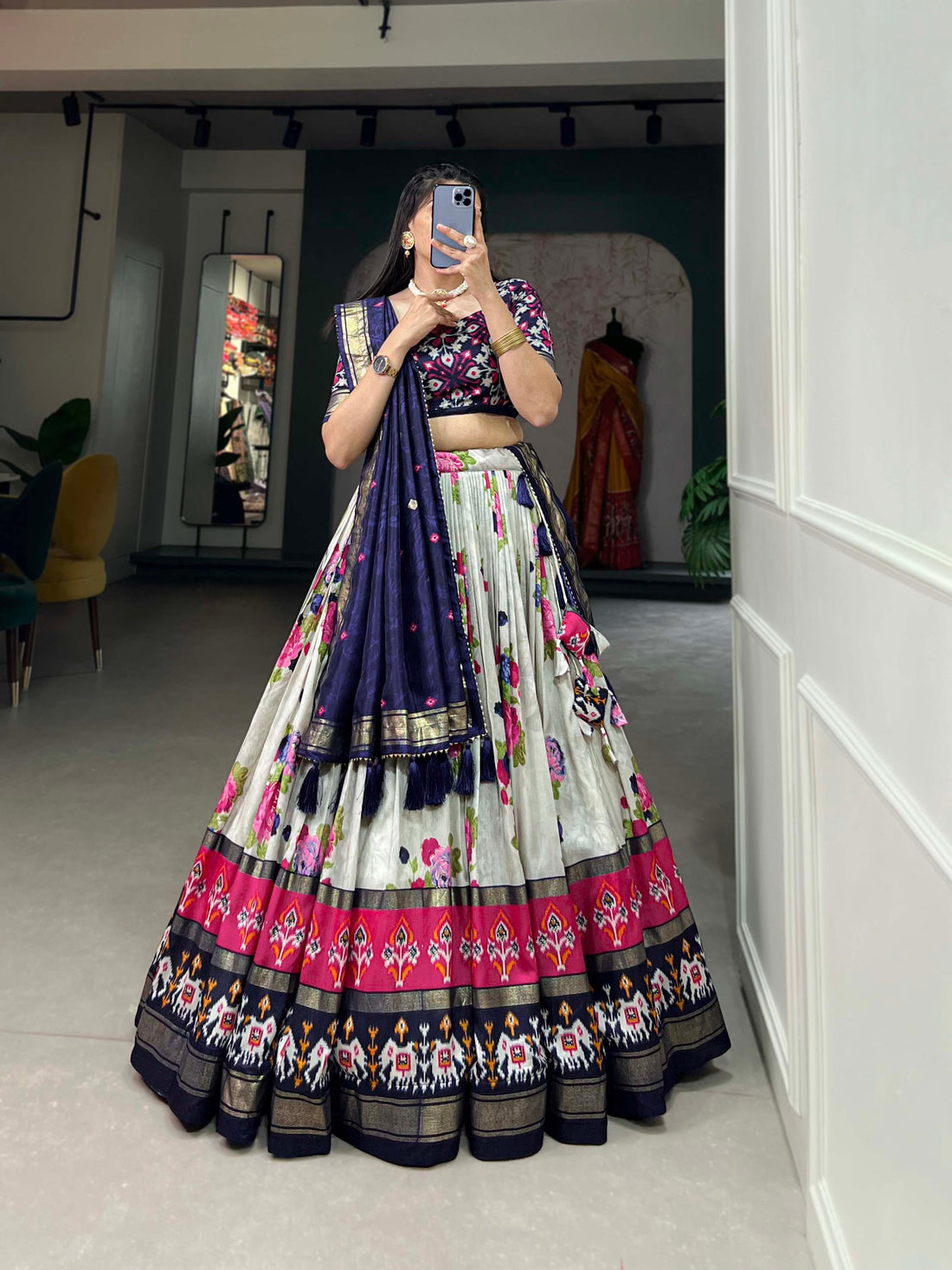 Designer Banzaran Tussar Silk Lehenga Choli with Floral Foil Work
