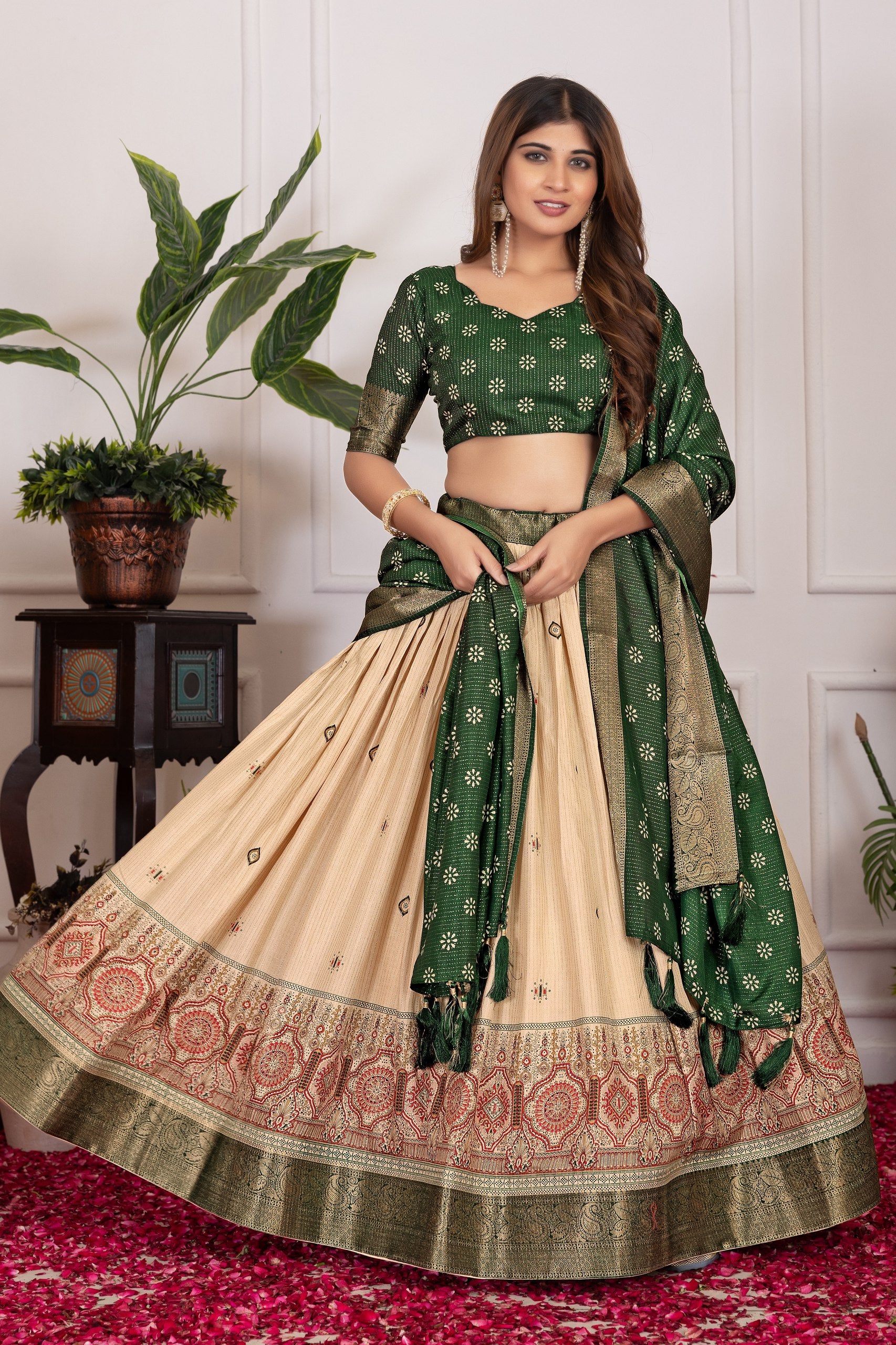 Royal Floral Tussar Silk Lehenga Choli Set with Foil Work & Gotta Patti Dupatta