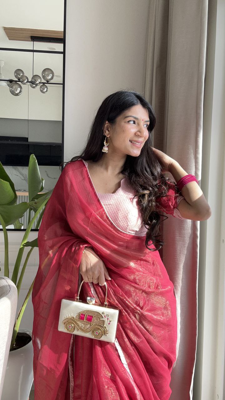 Premium Banzaran Gold Coin Fabric Saree With Heavy Zalar, Designer Pattern & Georgette Blouse