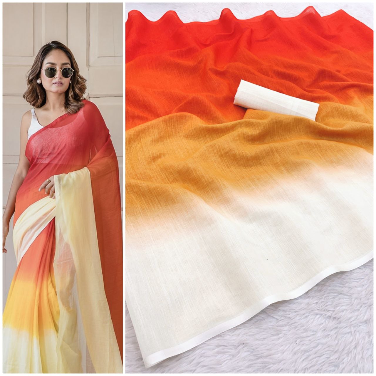 Banzaran Elegant Linen Cotton Printed Saree with Premium Wax Finish & Zalar Detailing