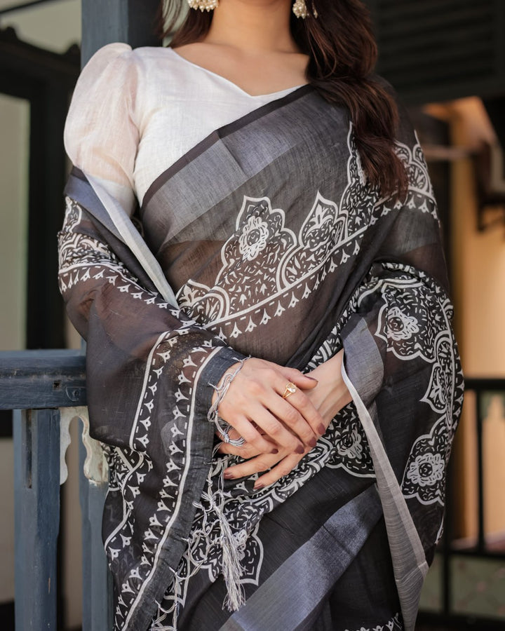 Sophisticated Black & White Linen Cotton Saree with Ornamental Print