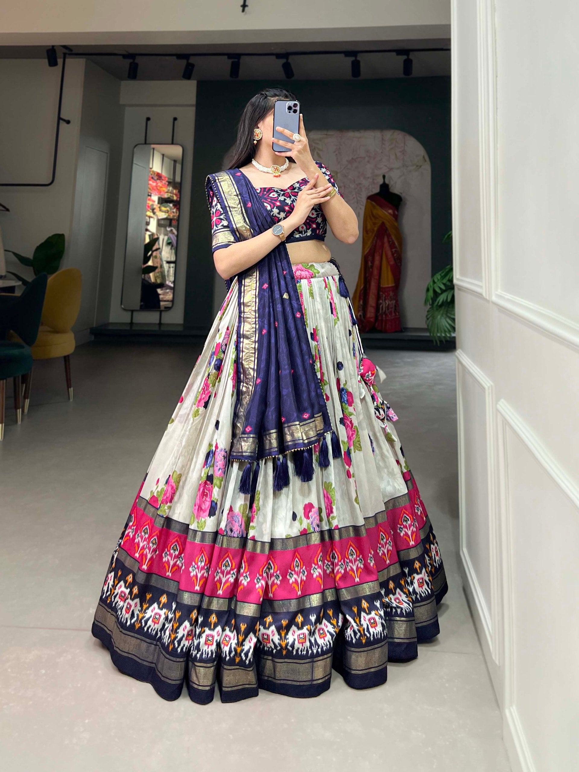 Designer Banzaran Tussar Silk Lehenga Choli with Floral Foil Work