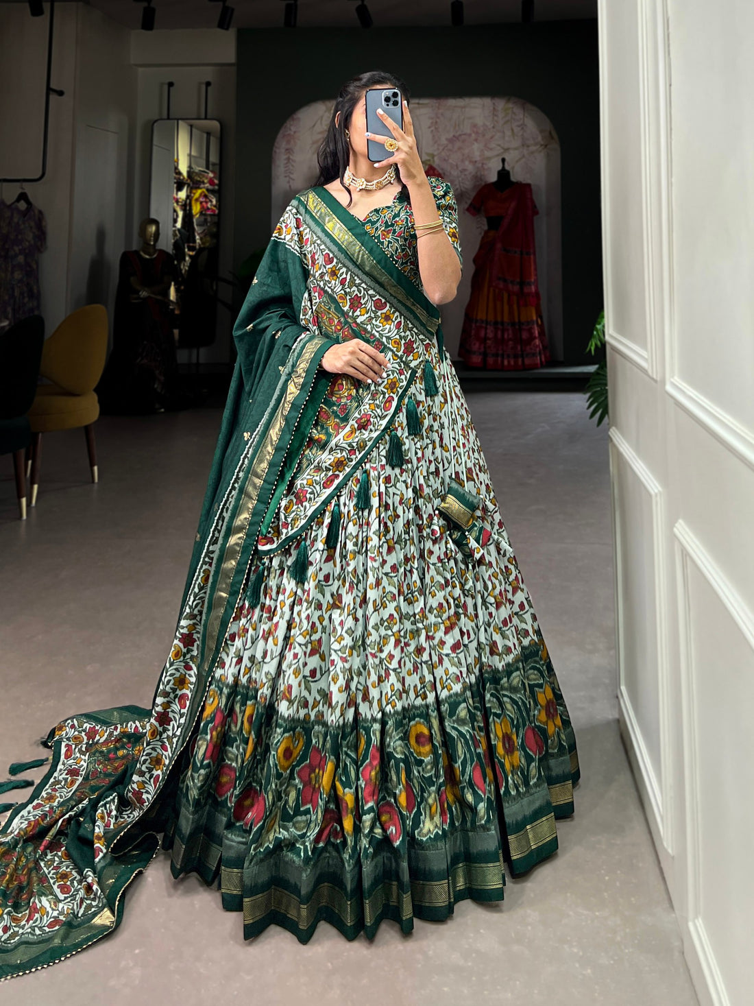 Elegant Tussar Silk Lehenga Set with Floral–Patola Print & Foil Detailing