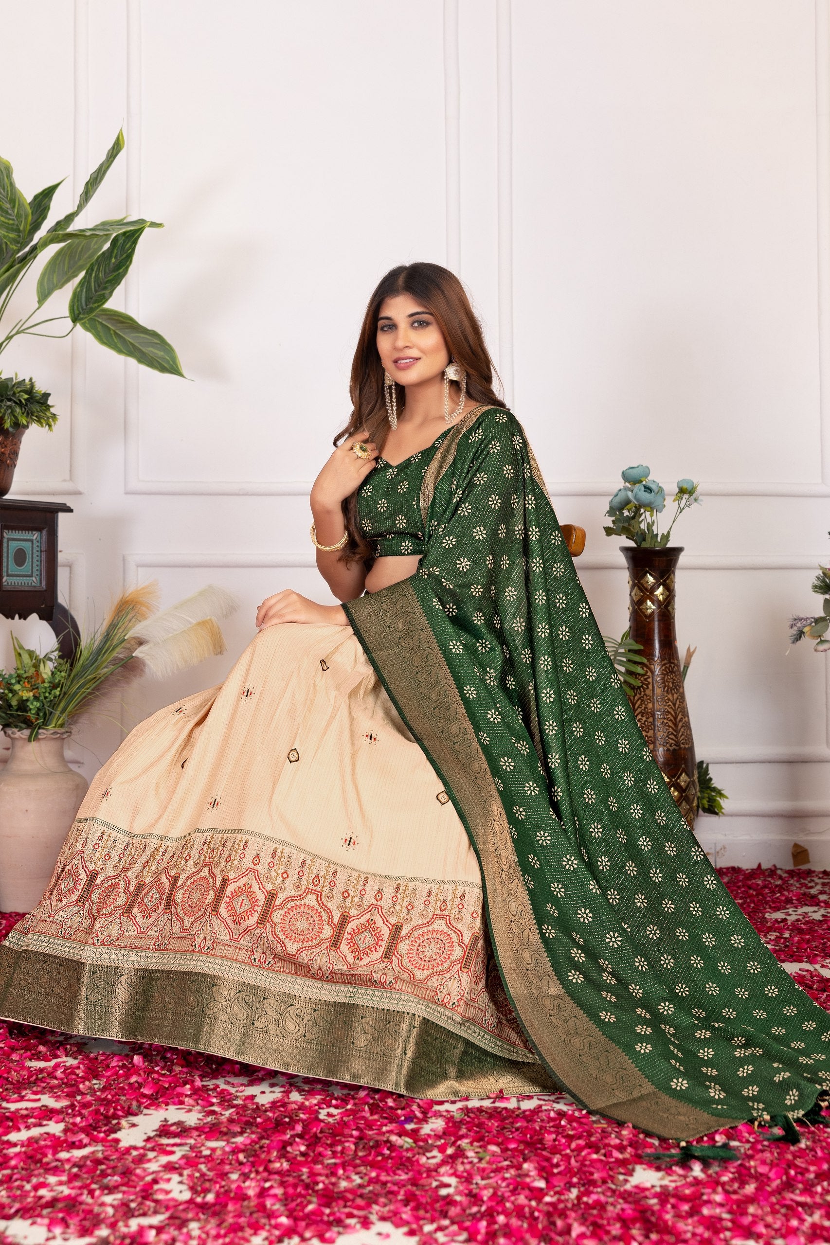 Royal Floral Tussar Silk Lehenga Choli Set with Foil Work & Gotta Patti Dupatta