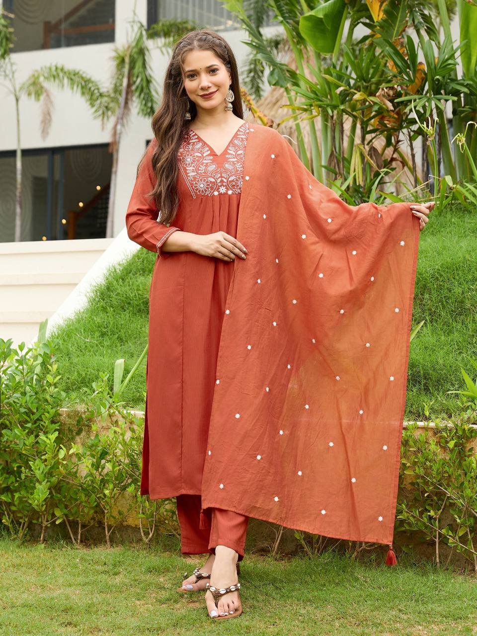 🧡 New Catalog Launch – Premium Banzaran Rust Rayon Embroidered Kurta Set