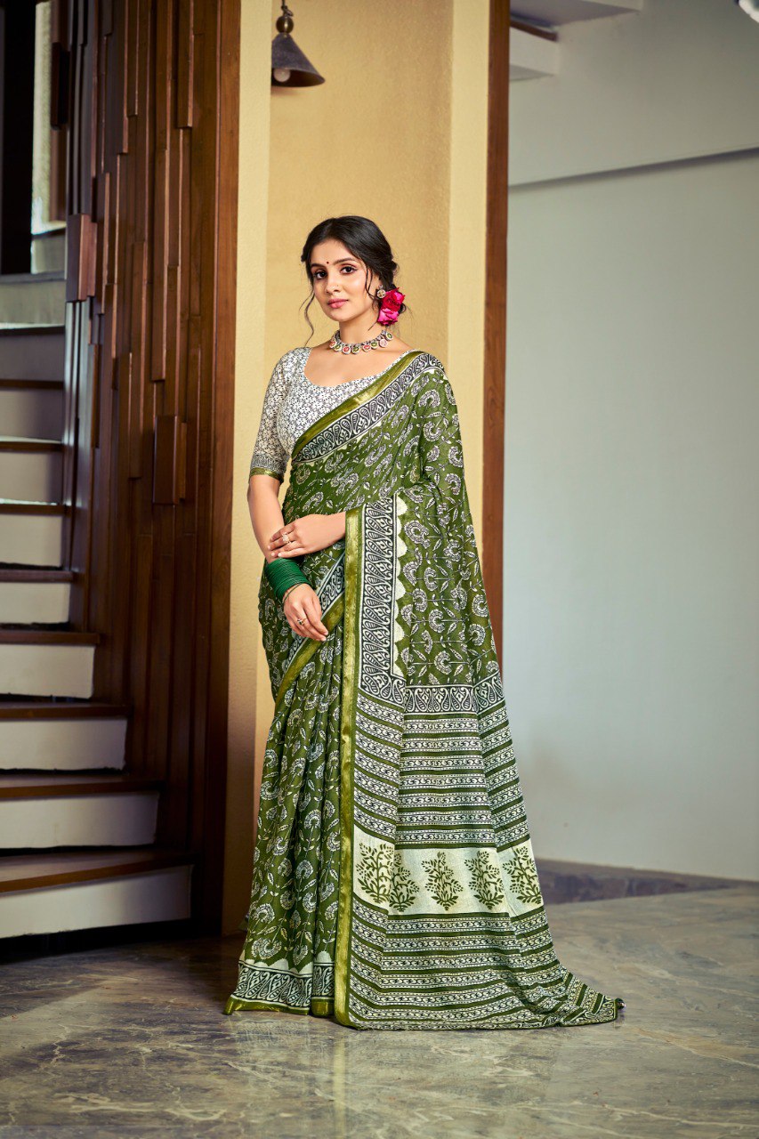 Premium Banzaran Silk Pure Cotton Saree – Elegant Green Edition