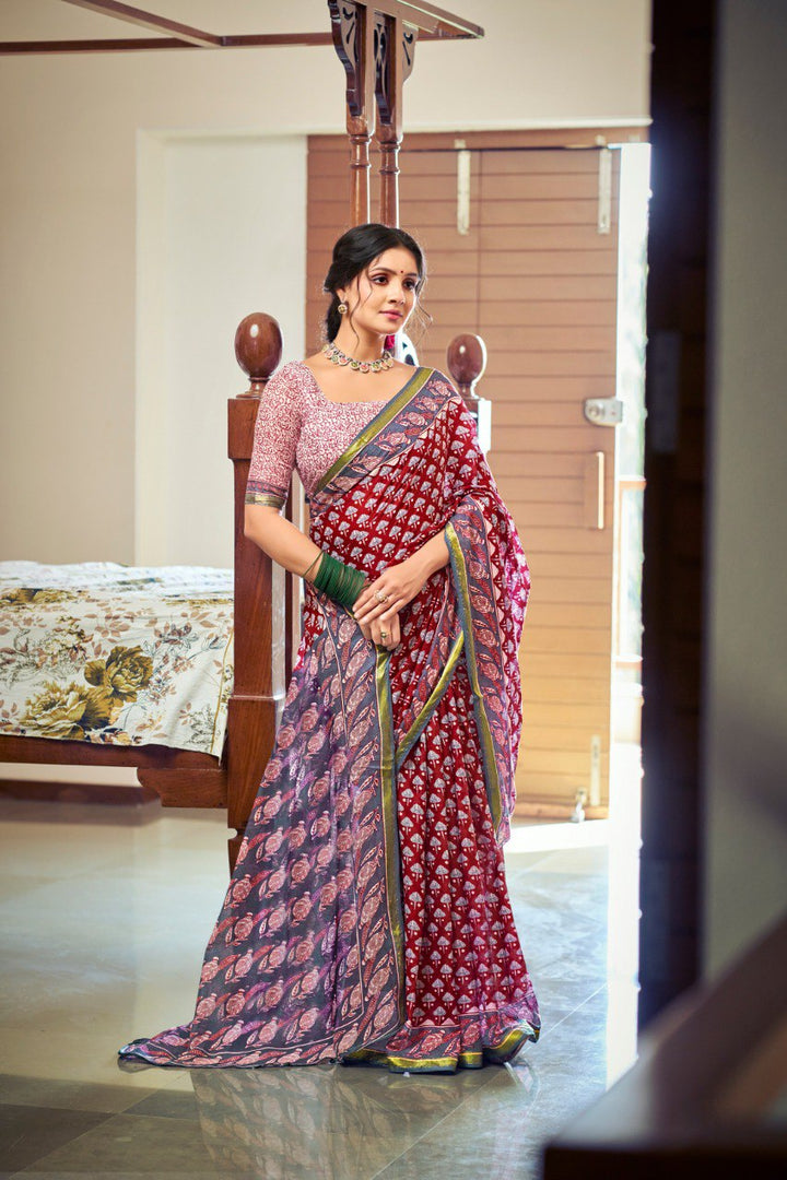 Maroon Banzaran Silk Pure Cotton Saree – Light, Fresh, Beautiful