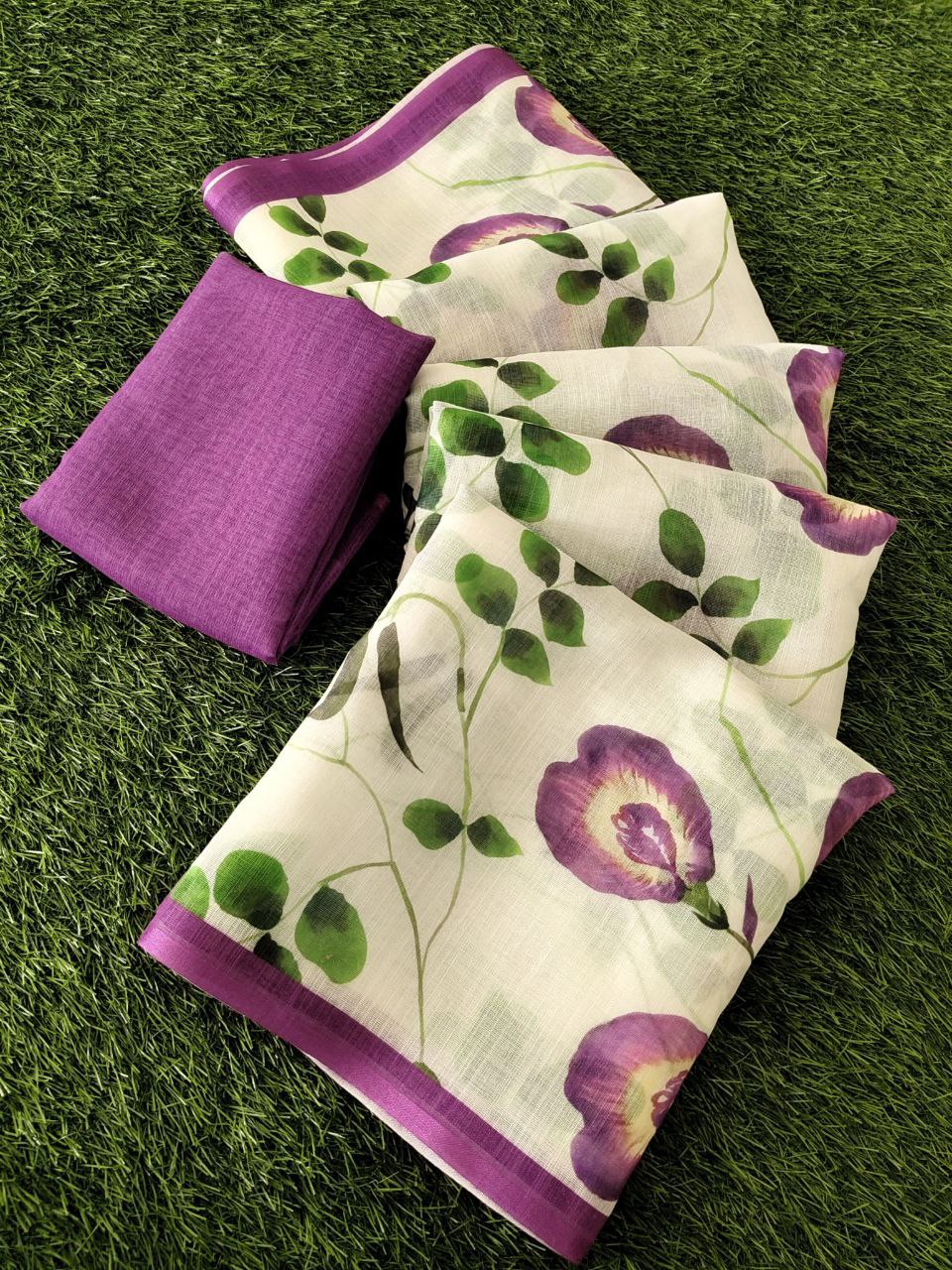 Elegant Linen Cotton Printed Saree with Premium Wax Finish & Zalar Detailing-BANZARAN