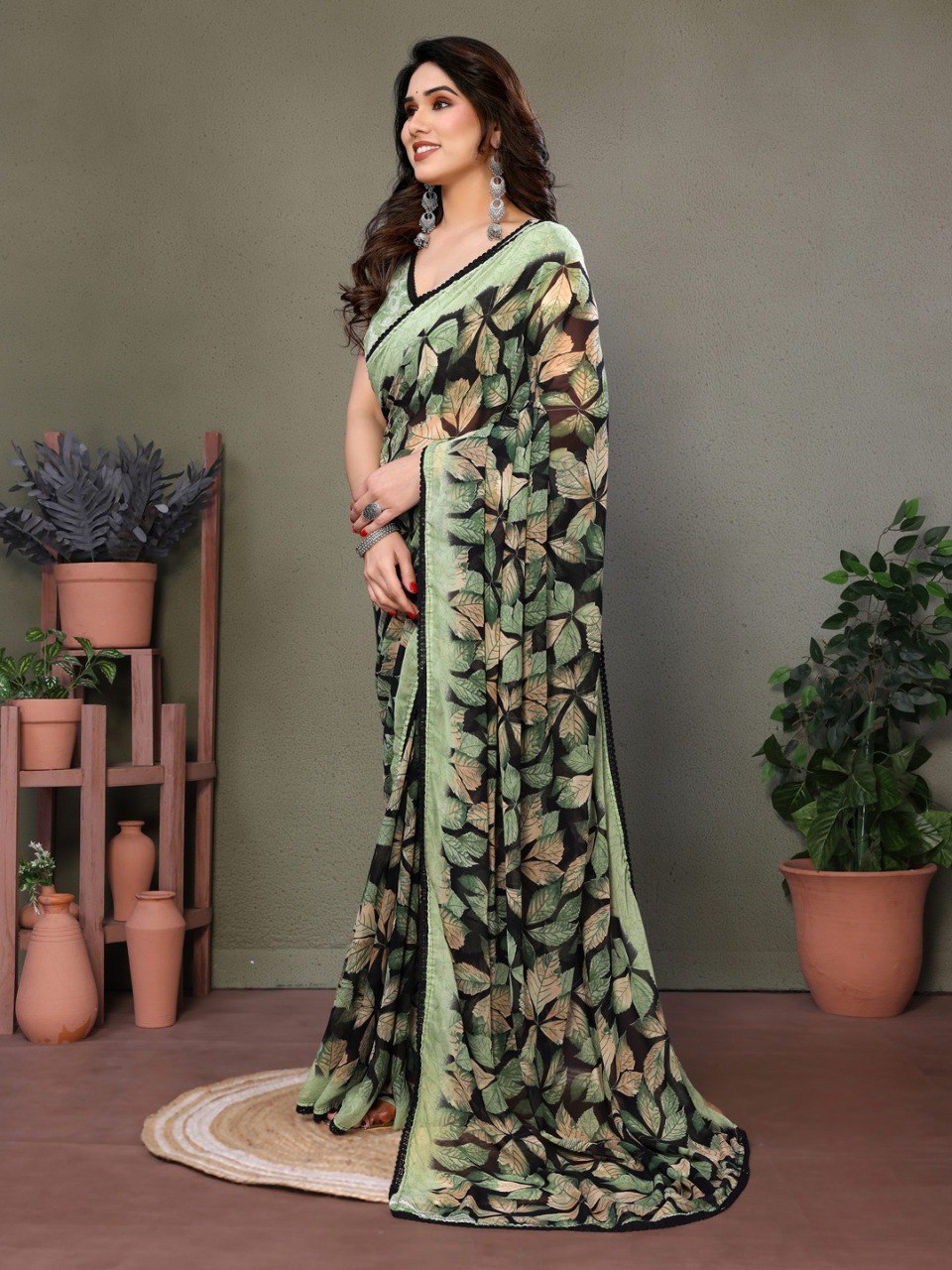 Chiffon Banzaran Floral Soft Chiffon Saree with Floral Mill Print & Elegant Lace Border