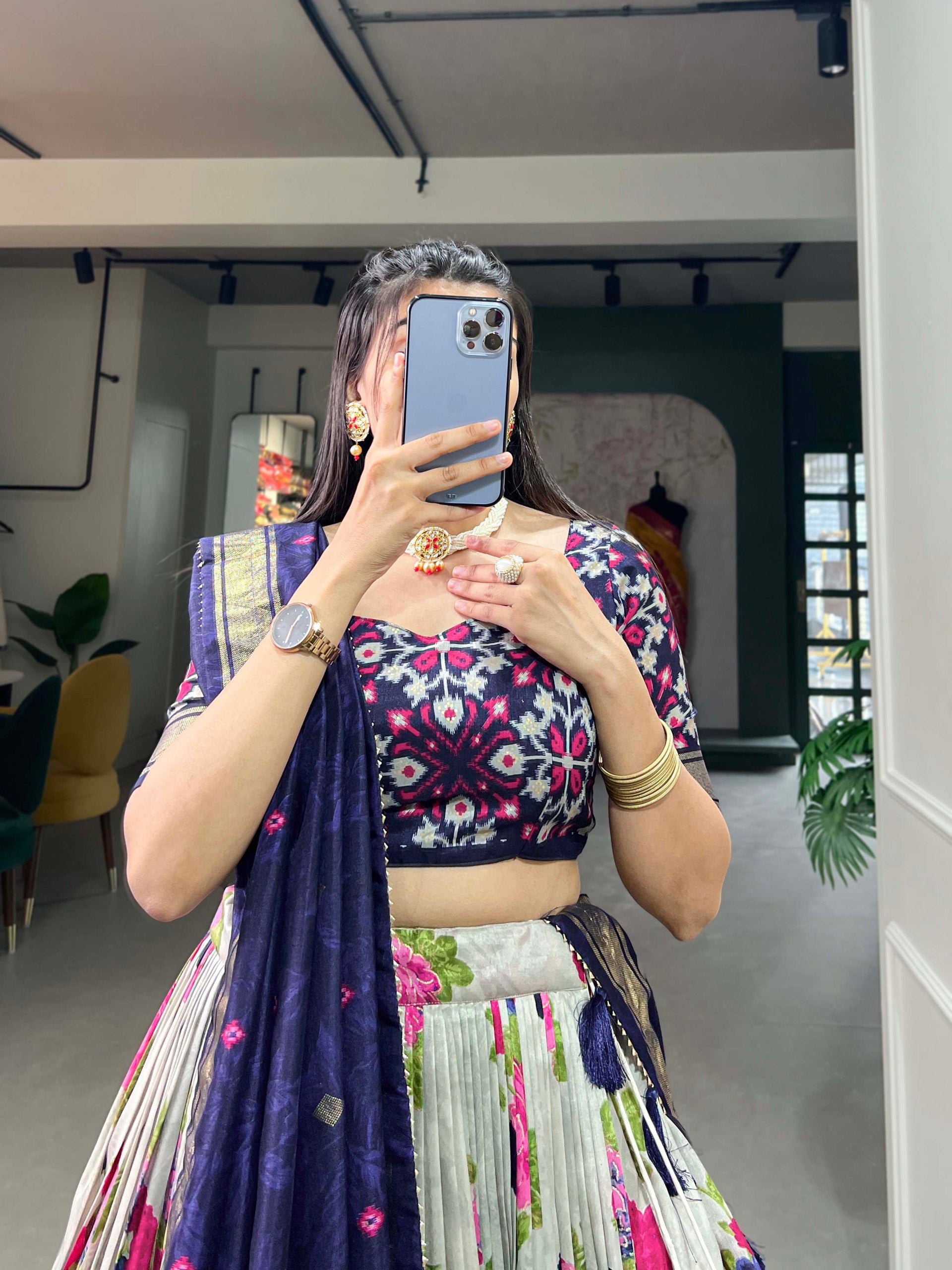 Designer Banzaran Tussar Silk Lehenga Choli with Floral Foil Work