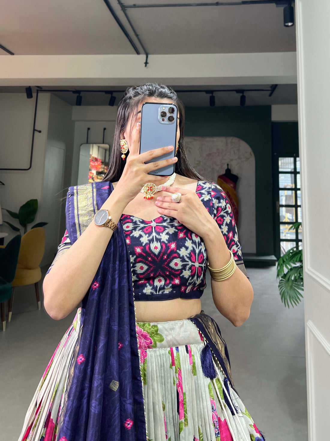 Designer Banzaran Tussar Silk Lehenga Choli with Floral Foil Work