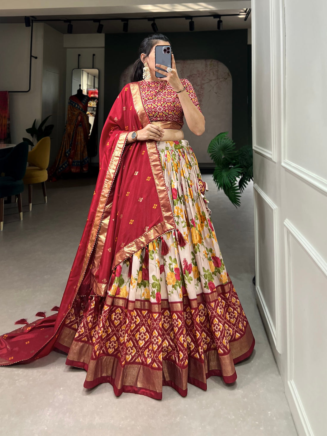 Royal Floral Tussar Silk Lehenga Choli Set with Foil Work & Gotta Patti Dupatta