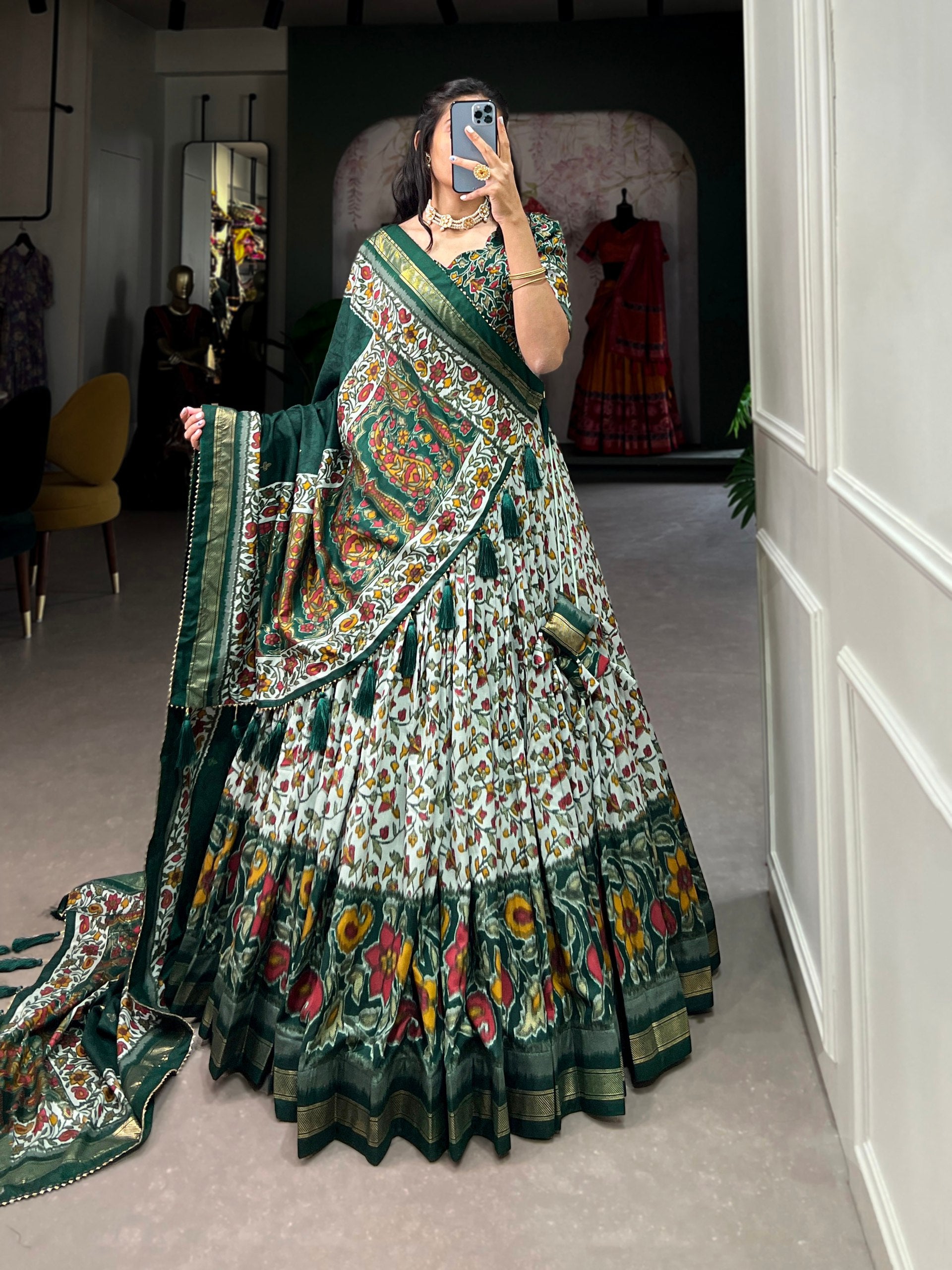 Elegant Tussar Silk Lehenga Set with Floral–Patola Print & Foil Detailing