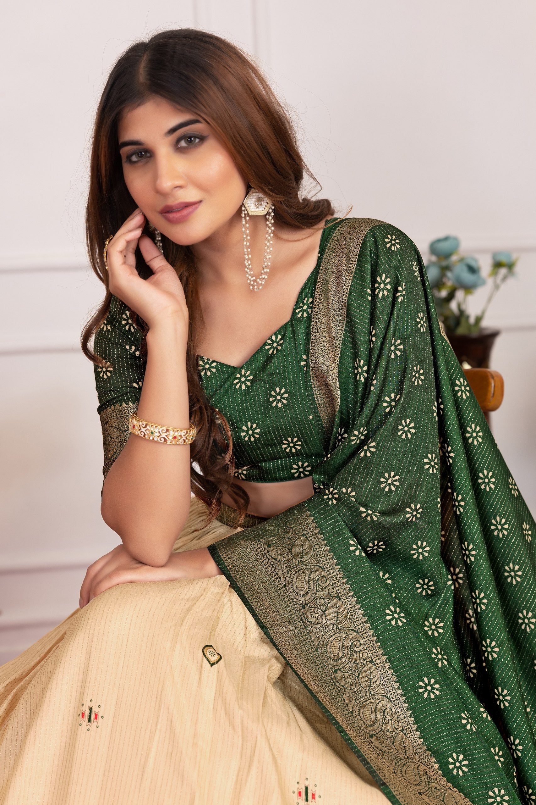 Royal Floral Tussar Silk Lehenga Choli Set with Foil Work & Gotta Patti Dupatta