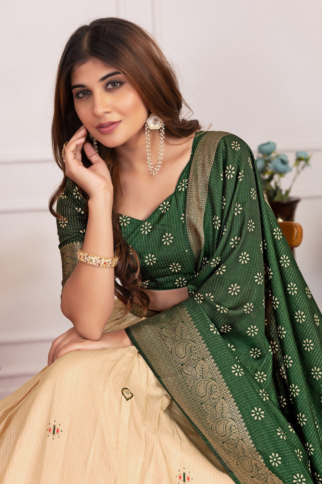 Royal Floral Tussar Silk Lehenga Choli Set with Foil Work & Gotta Patti Dupatta