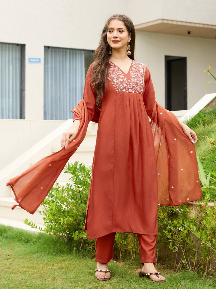 🧡 New Catalog Launch – Premium Banzaran Rust Rayon Embroidered Kurta Set