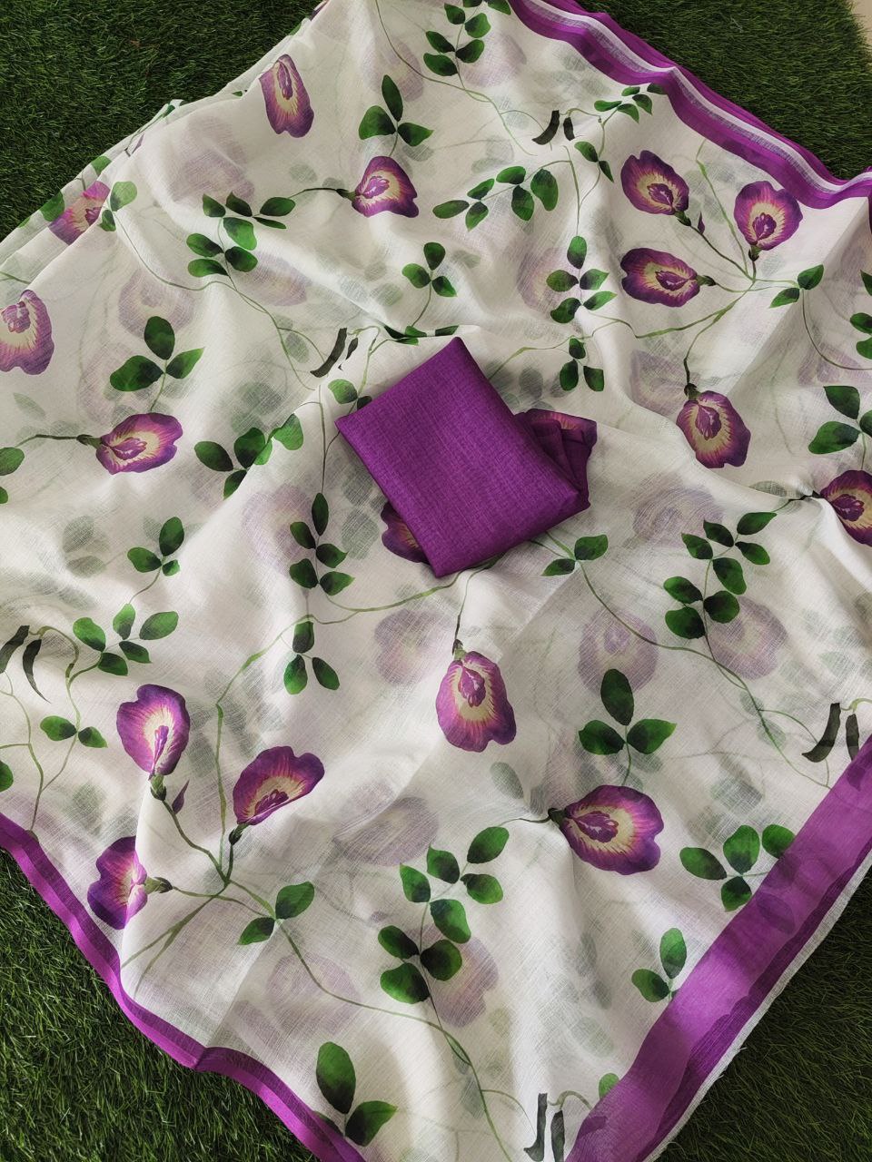 Elegant Linen Cotton Printed Saree with Premium Wax Finish & Zalar Detailing-BANZARAN