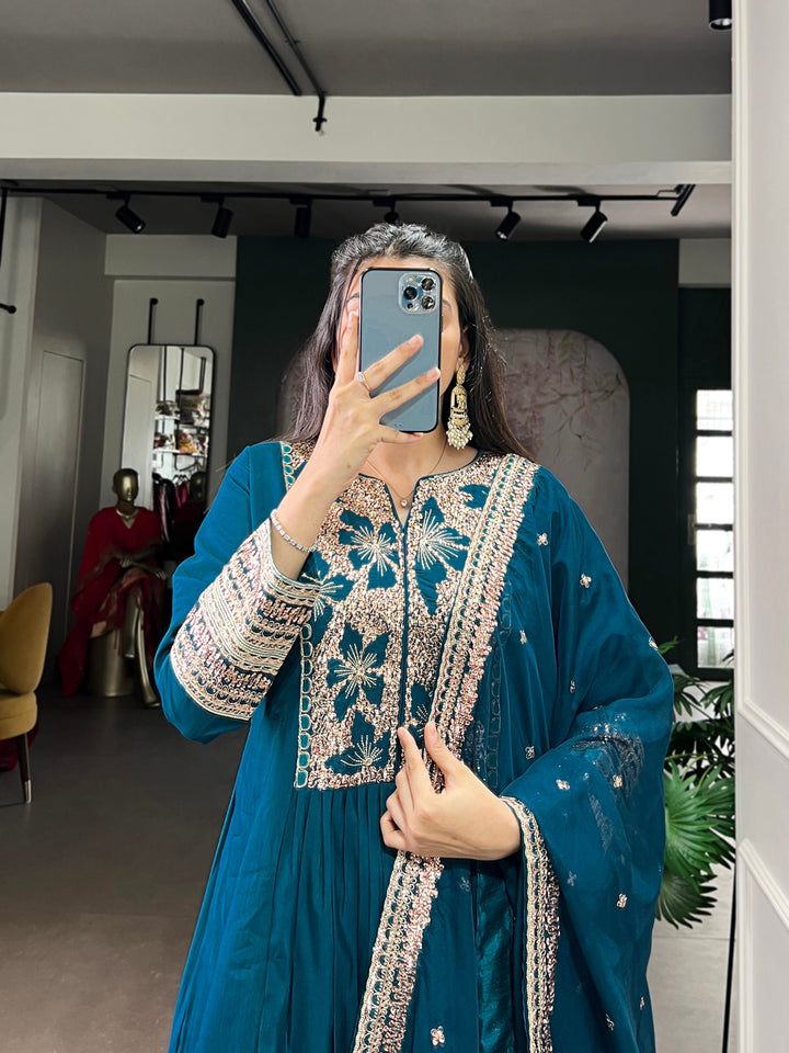 Roman Silk Embroidered Kurta Set with Organza Dupatta | 3-Piece Ethnic Dress (Stitched)