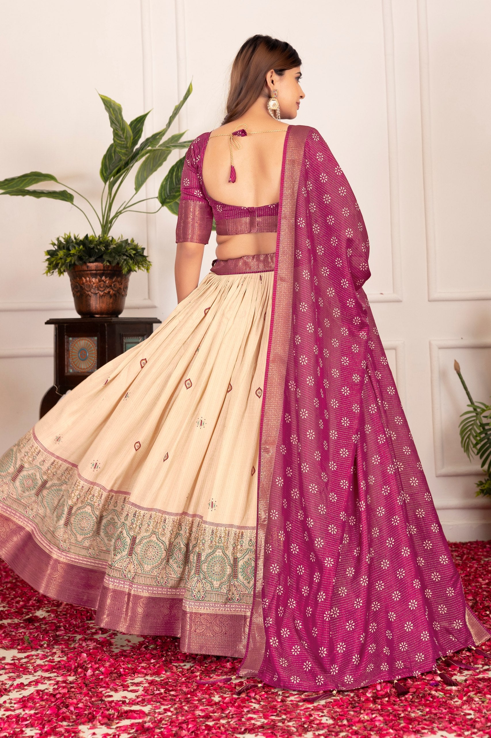 Premium Tussar Silk Lehenga Set – Floral Print, Foil Work & Gotta Patti Dupatta