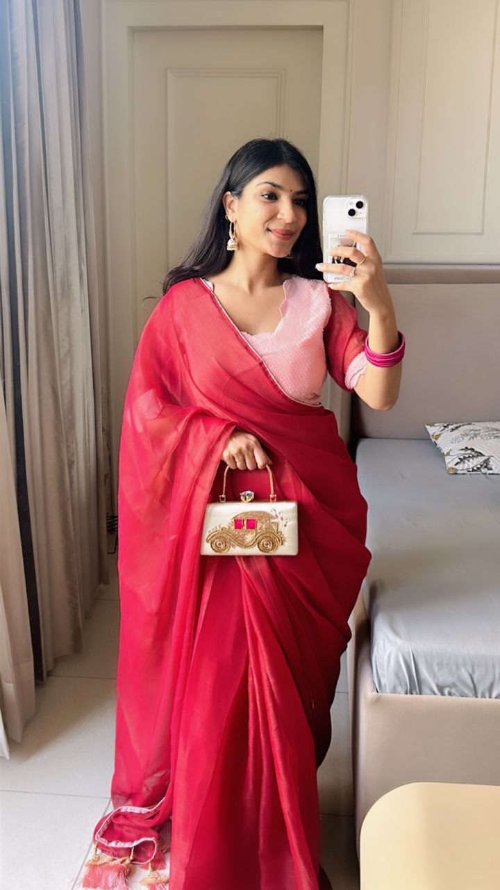 Premium Banzaran Gold Coin Fabric Saree With Heavy Zalar, Designer Pattern & Georgette Blouse