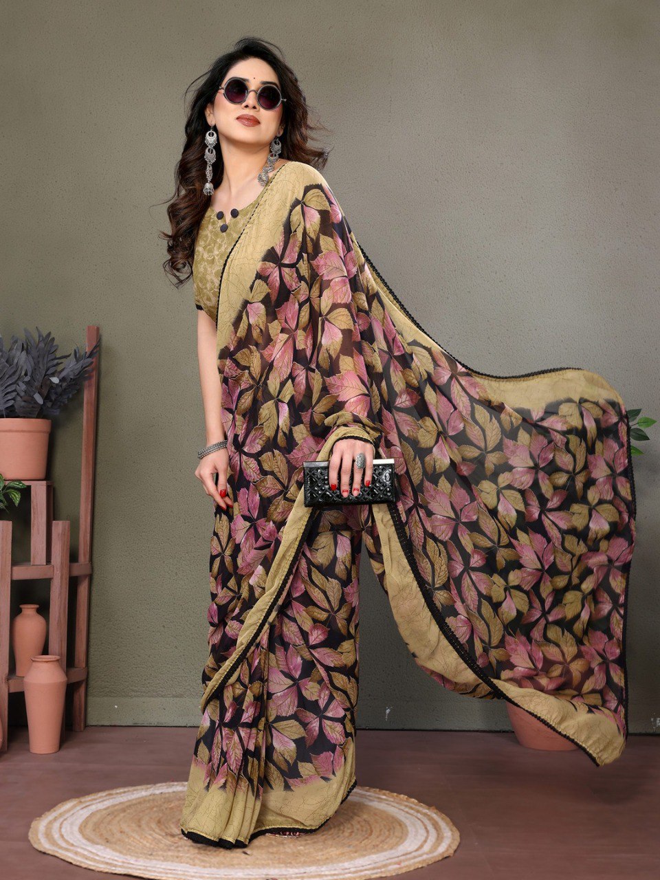Chiffon Banzaran Floral Soft Chiffon Saree with Floral Mill Print & Elegant Lace Border