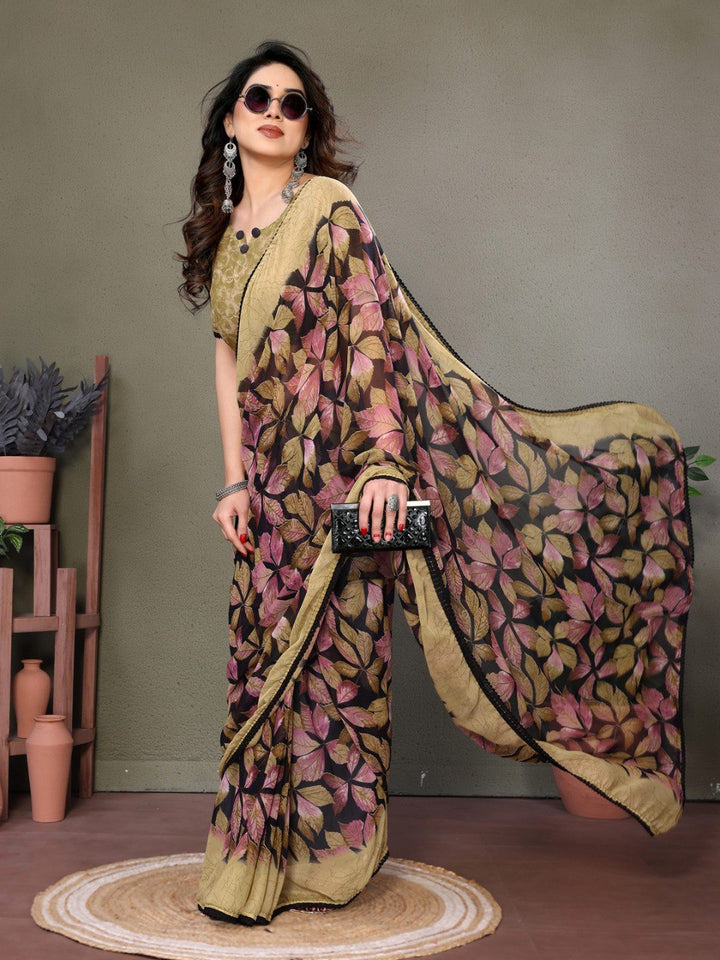 Chiffon Banzaran Floral Soft Chiffon Saree with Floral Mill Print & Elegant Lace Border