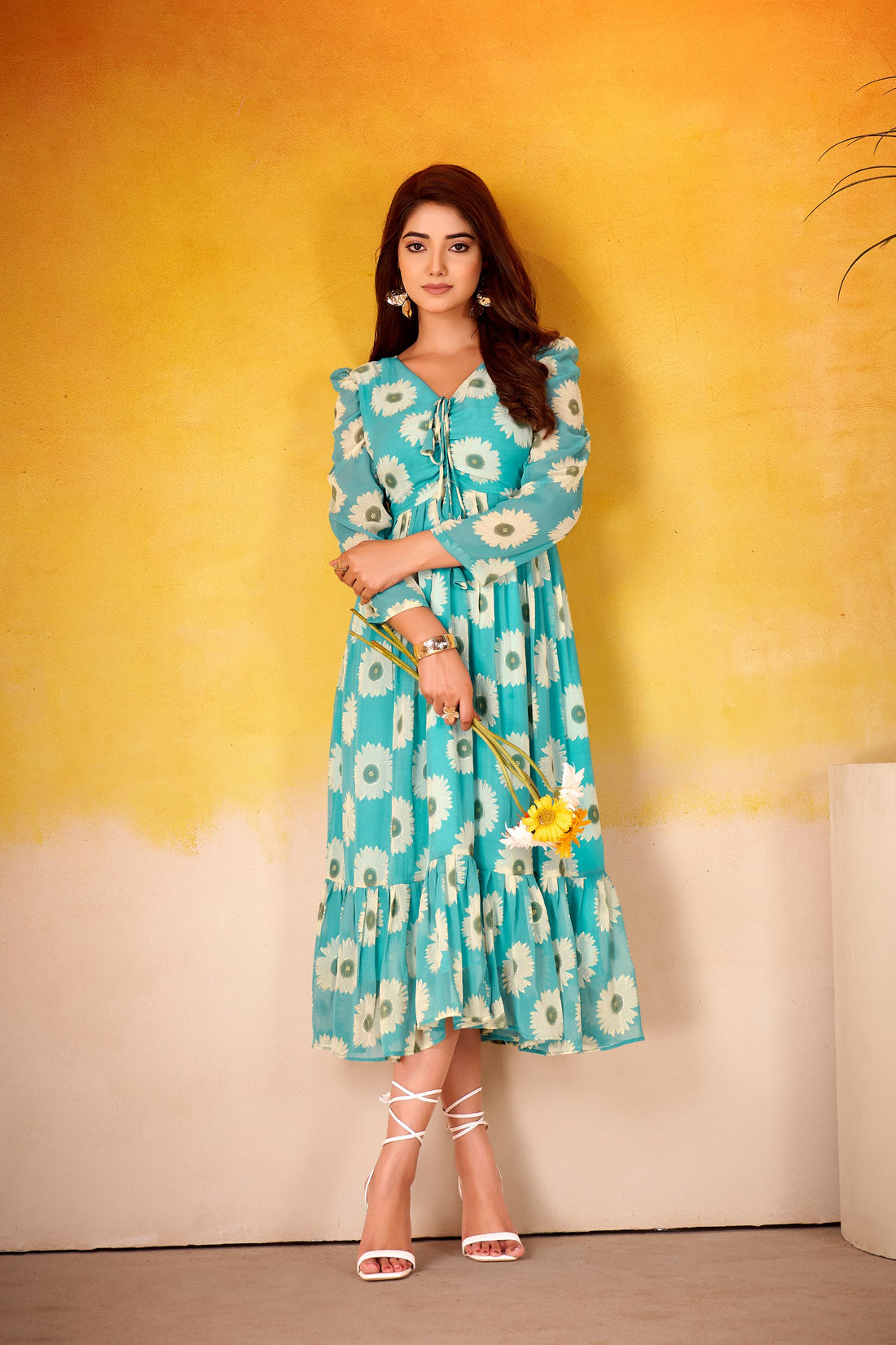 Floral Printed Weightless Marble Frock with Foil Work | Ethnic Wear (Stitched)