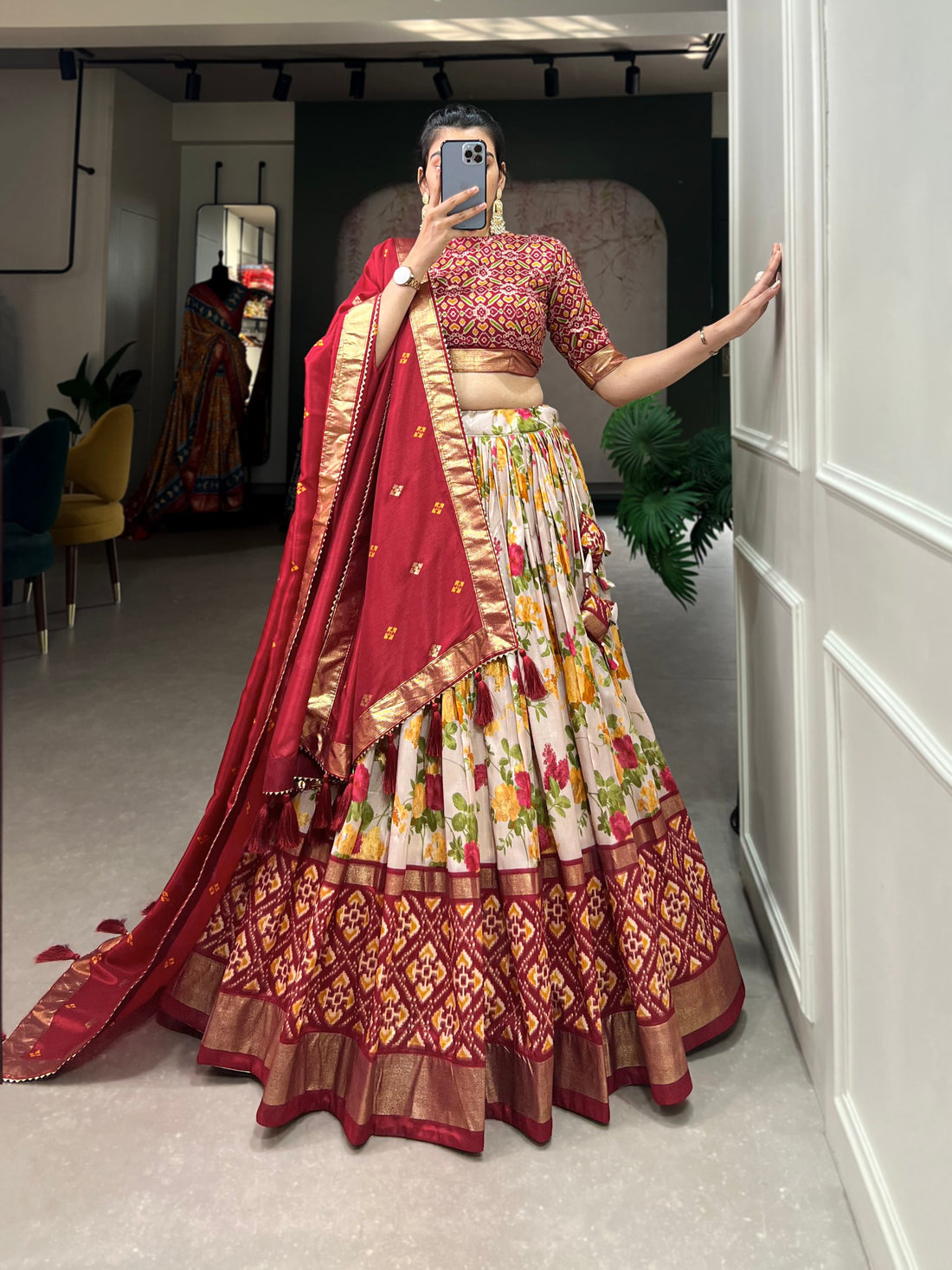 Royal Floral Tussar Silk Lehenga Choli Set with Foil Work & Gotta Patti Dupatta