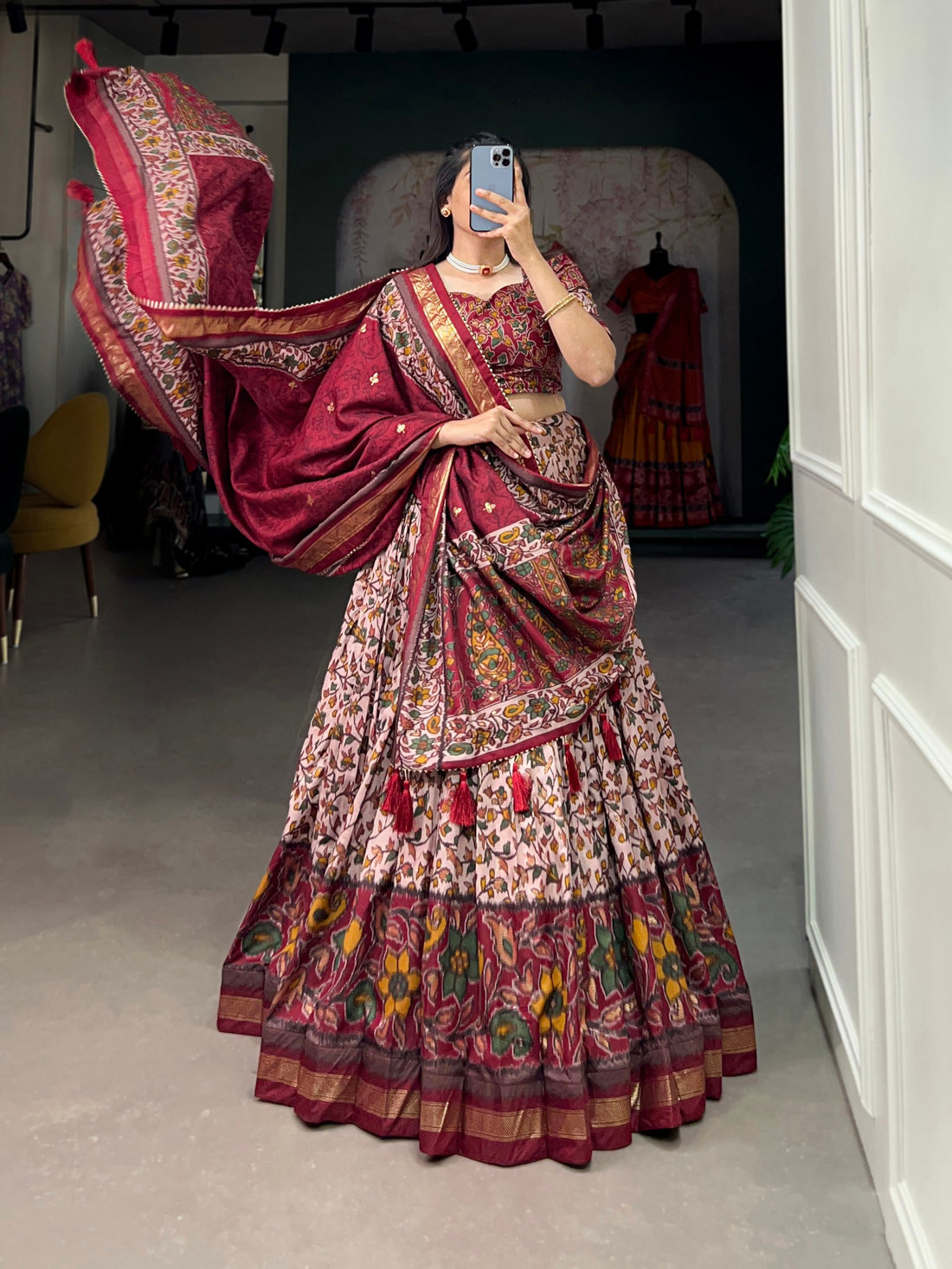 Royal Floral Tussar Silk Lehenga Choli Set with Foil Work & Gotta Patti Dupatta