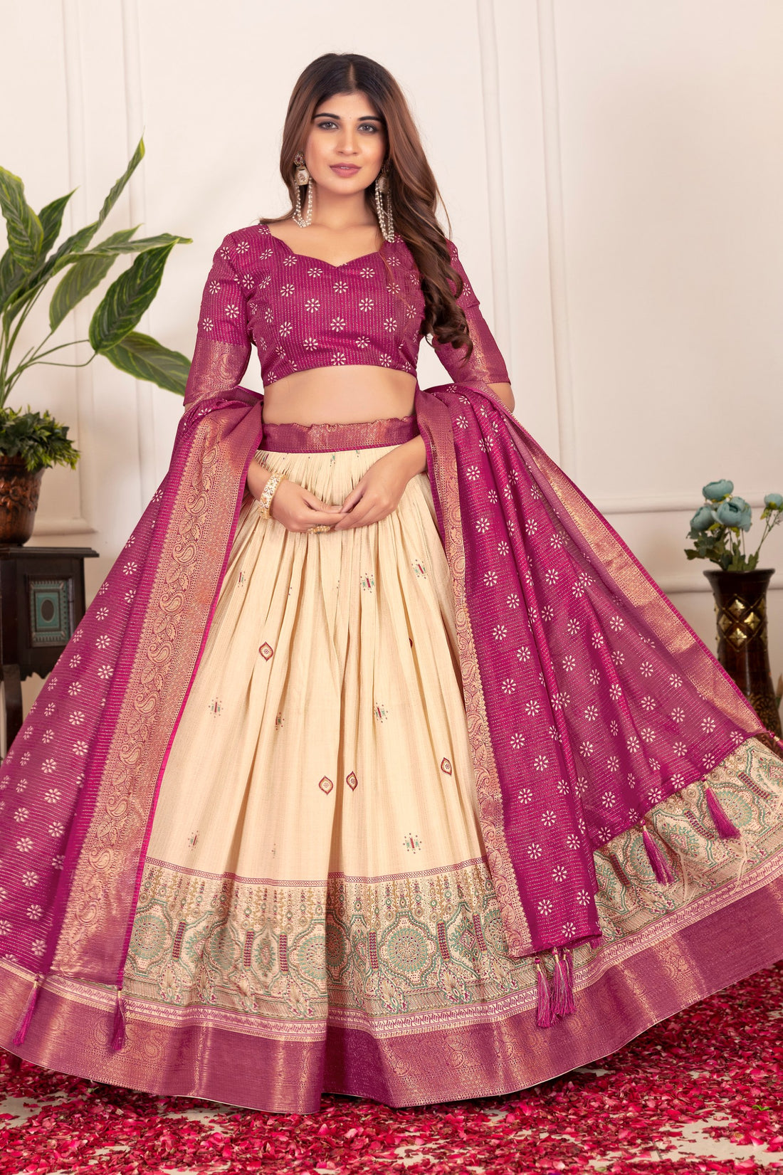 Premium Tussar Silk Lehenga Set – Floral Print, Foil Work & Gotta Patti Dupatta