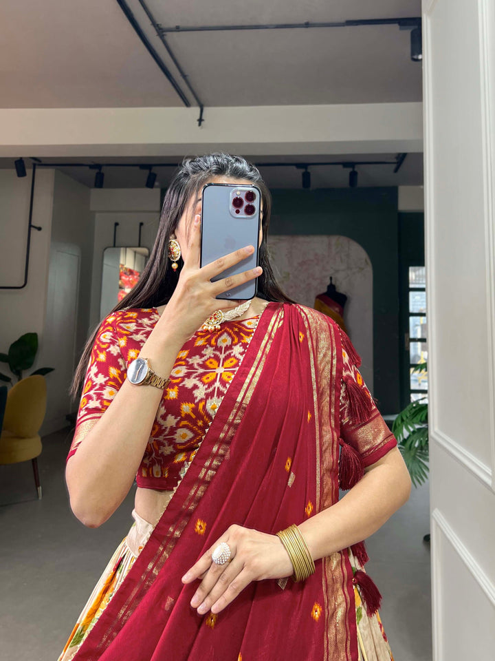 Women’s Tussar Silk Lehenga Choli Set with Floral Print & Dupatta