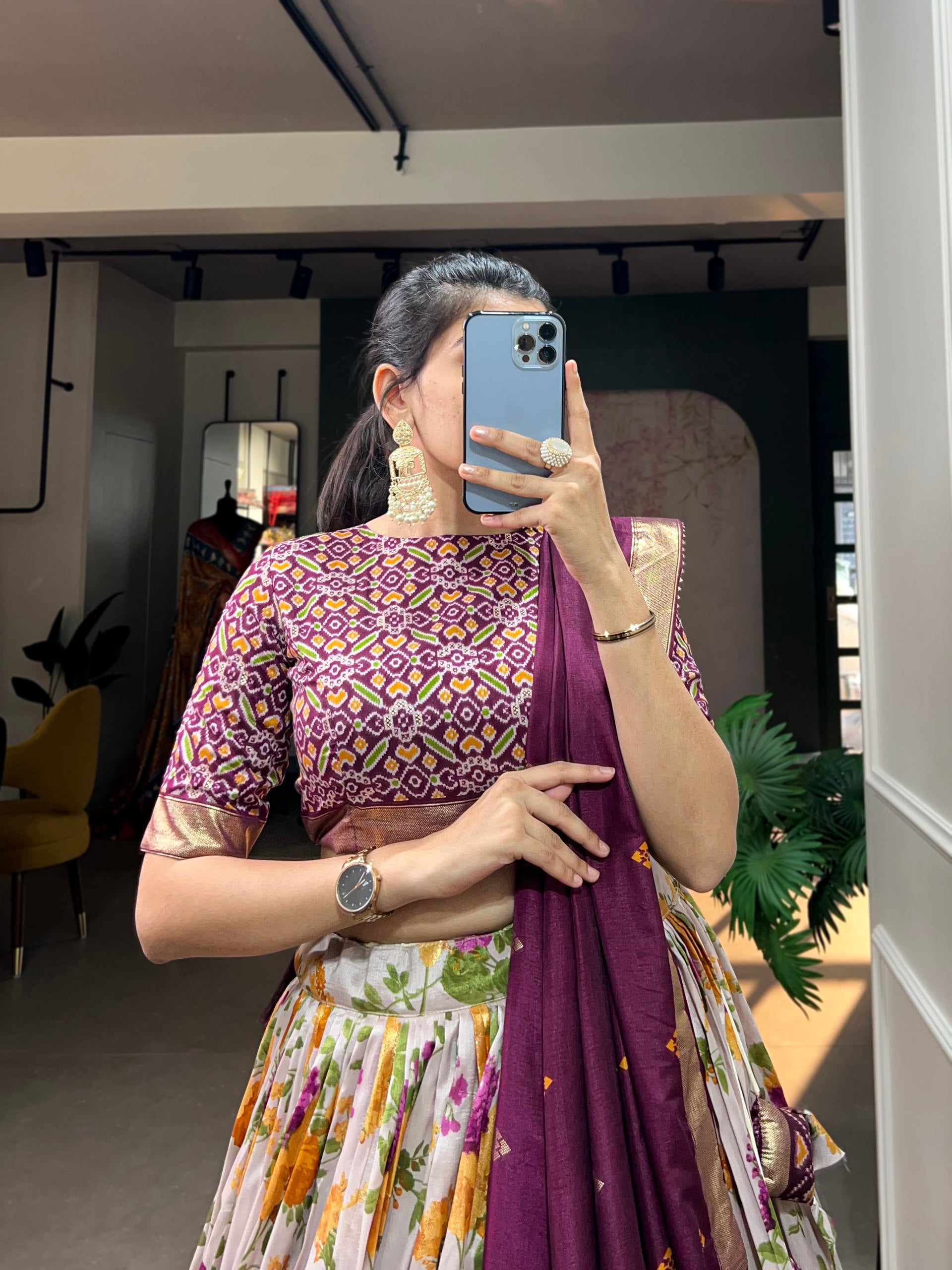 A exquisite Tussar Silk LehengaSet with Perfect floral abd patola print design to make you feel utterly beatific🌙