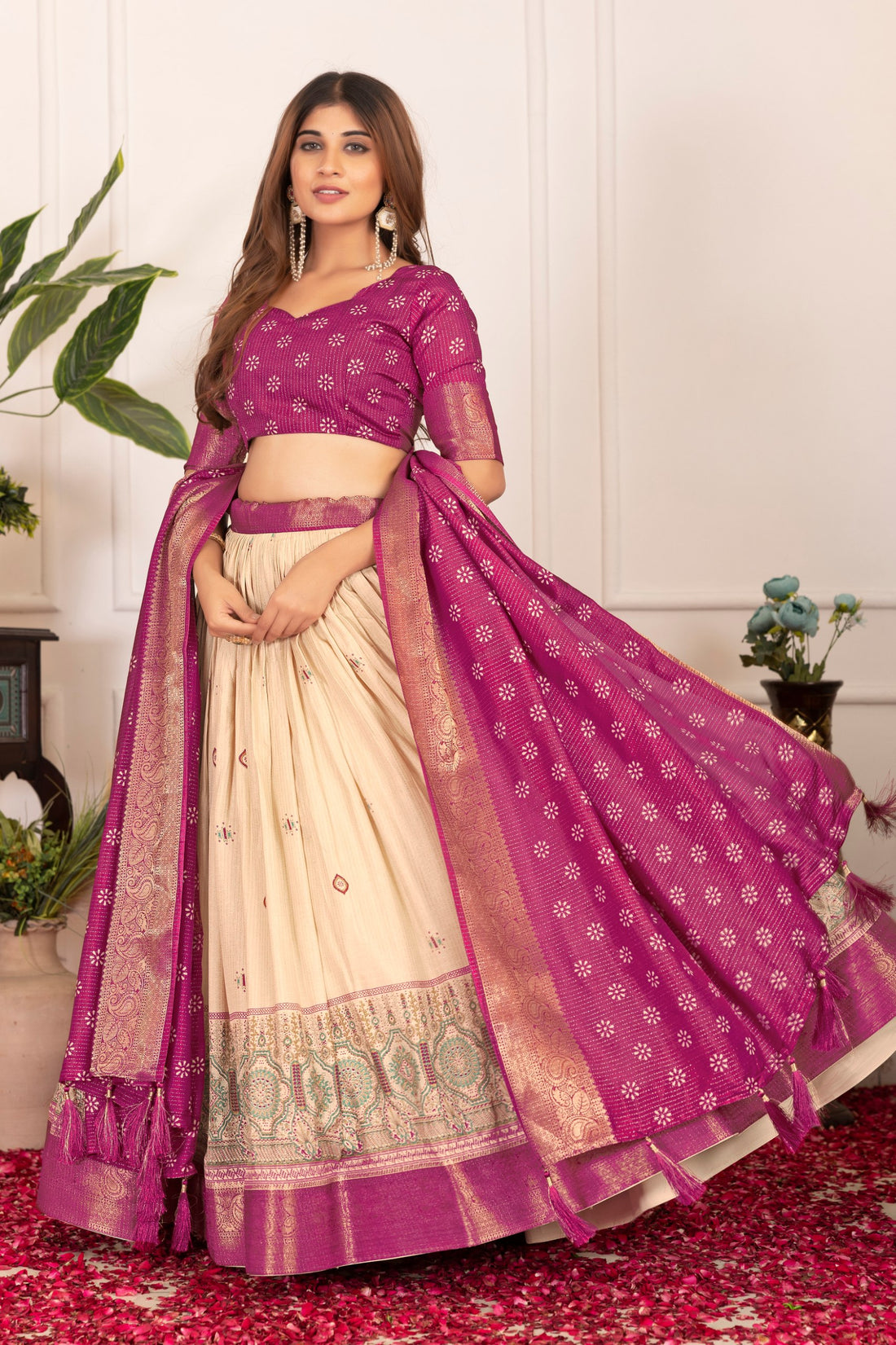 Premium Tussar Silk Lehenga Set – Floral Print, Foil Work & Gotta Patti Dupatta