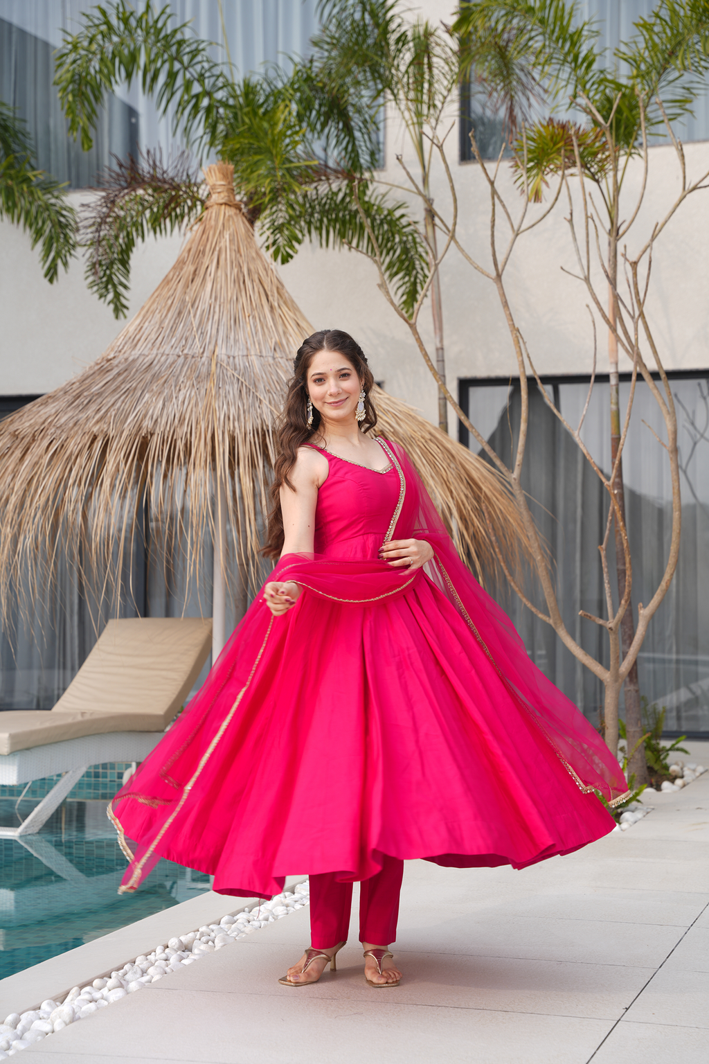Pure Romansilk Rani Pink Chanderi Anarkali Set with Dupatta & Pant