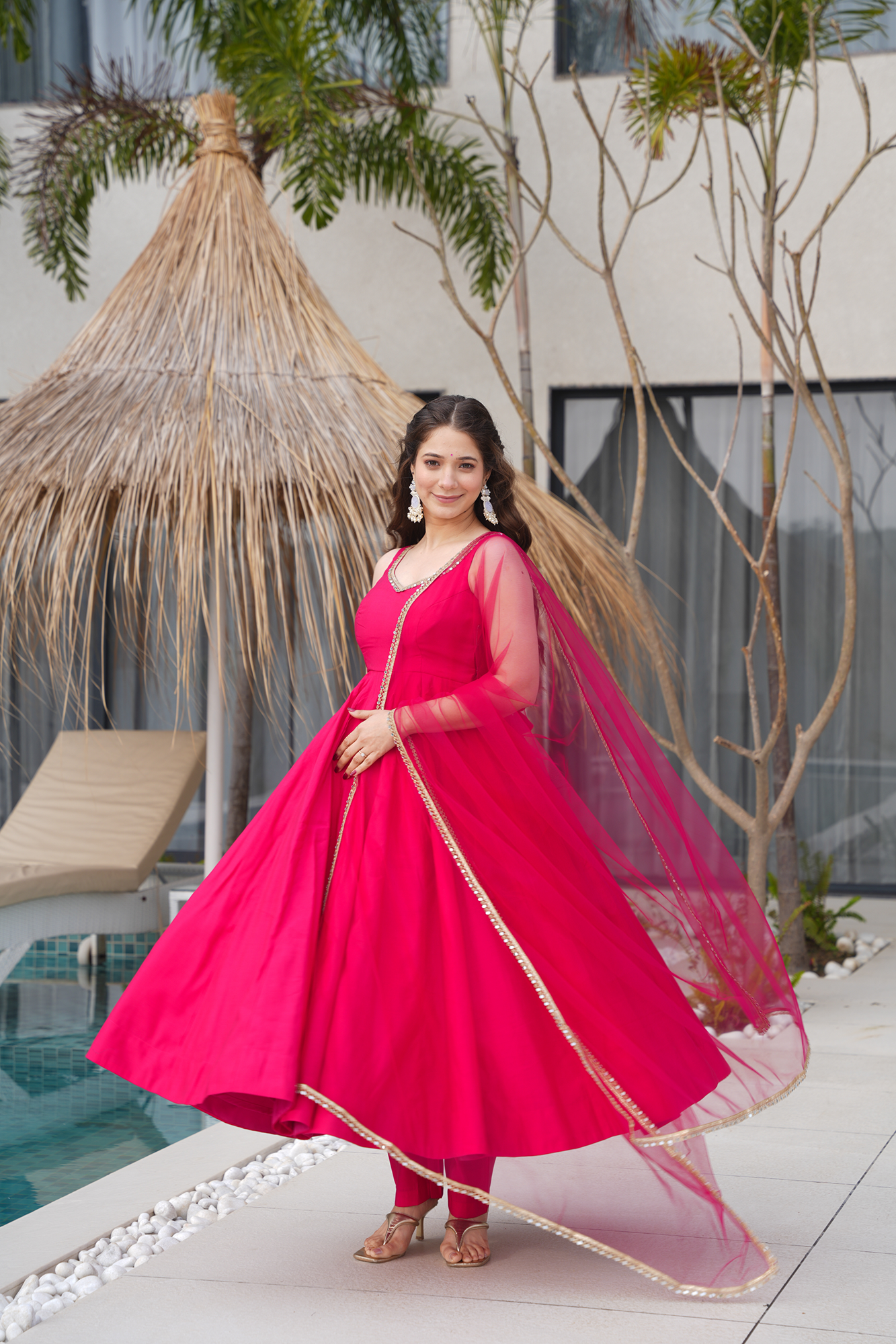 Pure Romansilk Rani Pink Chanderi Anarkali Set with Dupatta & Pant
