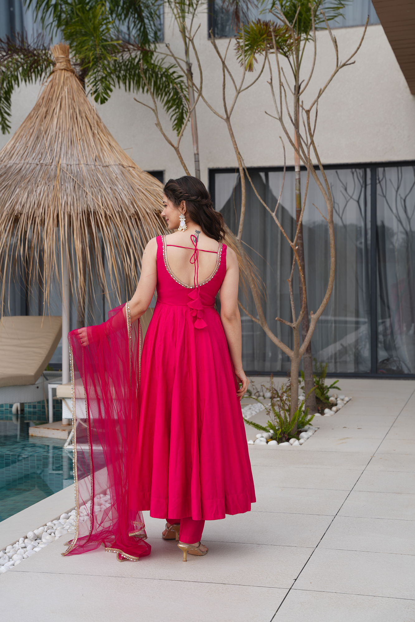 Pure Romansilk Rani Pink Chanderi Anarkali Set with Dupatta & Pant