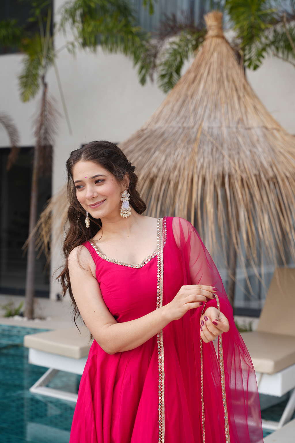 Pure Romansilk Rani Pink Chanderi Anarkali Set with Dupatta & Pant